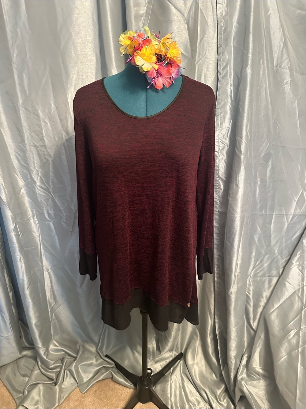 Women's Maroon Long-Sleeve Layered Tunic Top